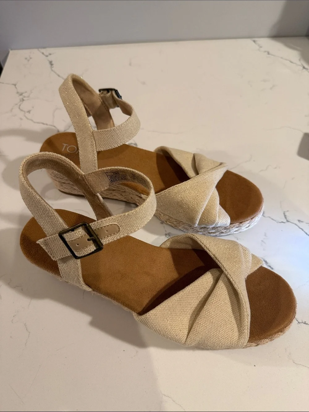 TOMS Natural Canvas Crossband Espadrille Wedge Sandals